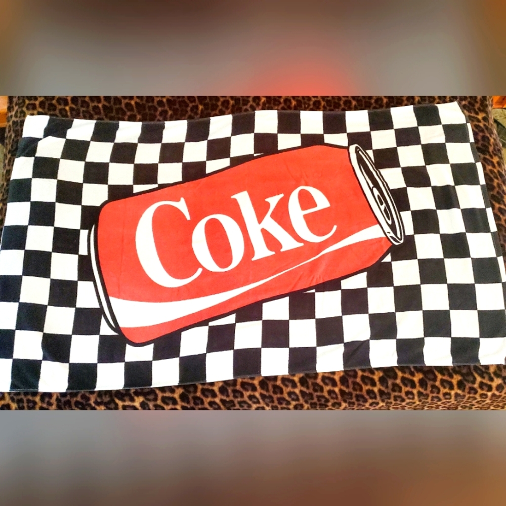 SUPER RARE Vintage Coke Beach Towel Blanket 65" × 40" racing Nascar Coca-Cola